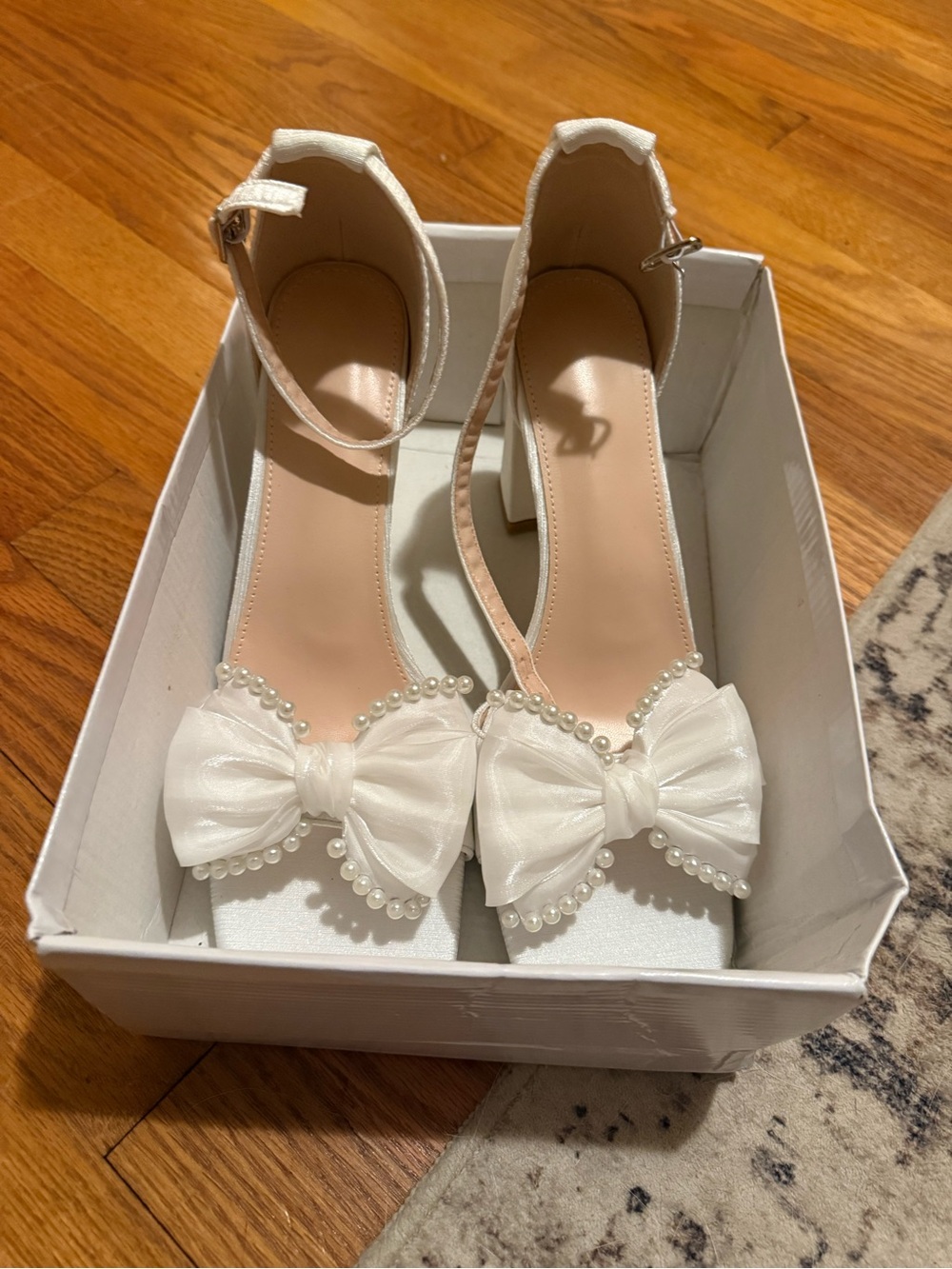 Elegant White Bow Pearl-Trim Ankle Strap Heels